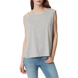 Frayed Women's Sleeveless Distressed Cold Shoulder T-Shirt Gray Size S